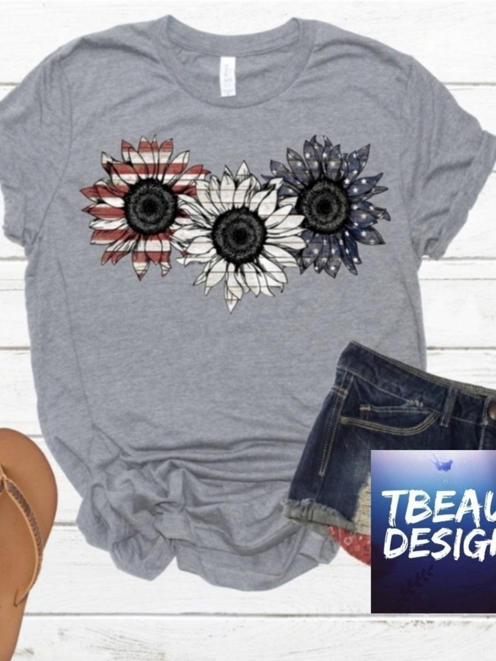 Patrotic Sunflower graphic  T-Shirt with Red, White & Blue Sunflower Trio NWT